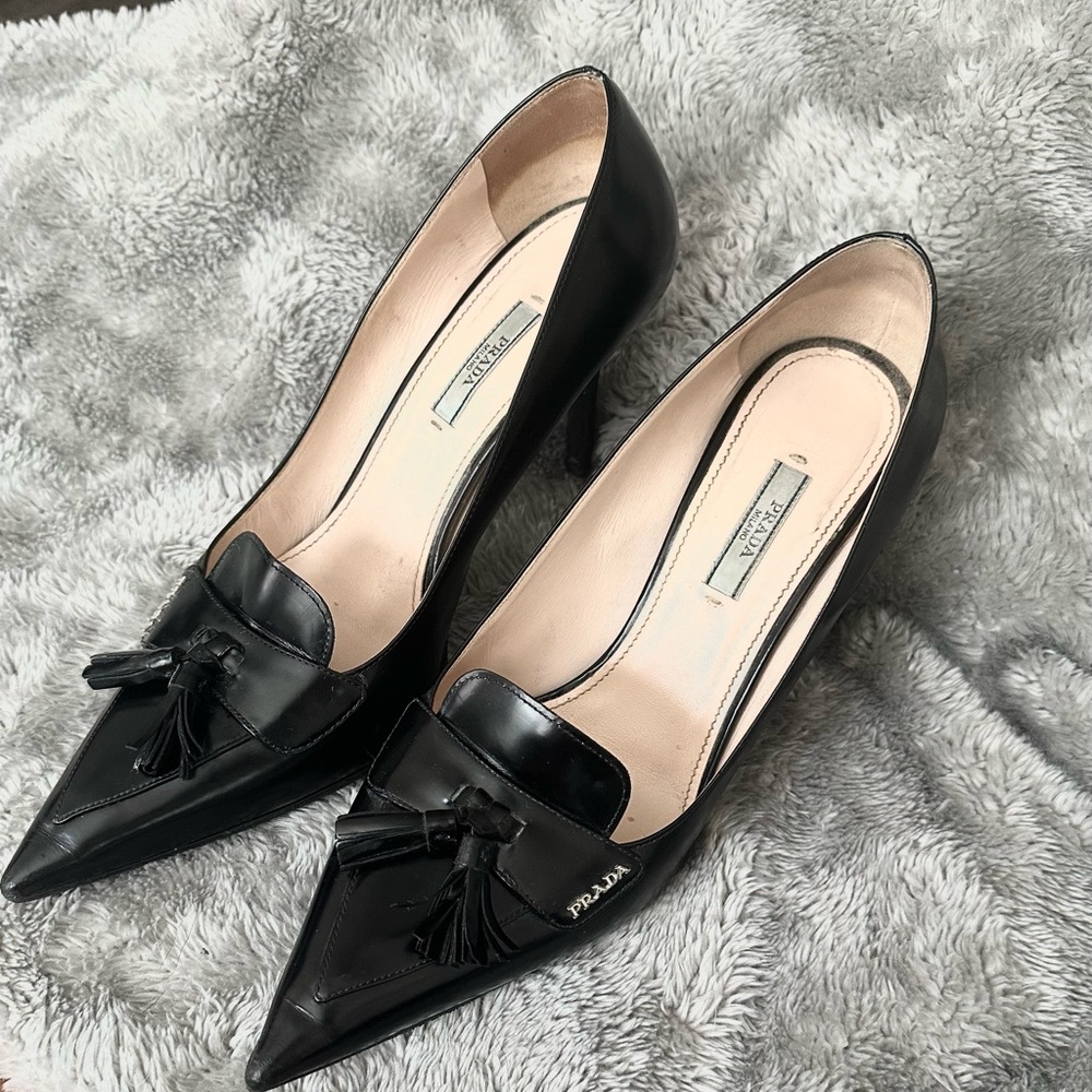 Prada pointed toe black leather heels